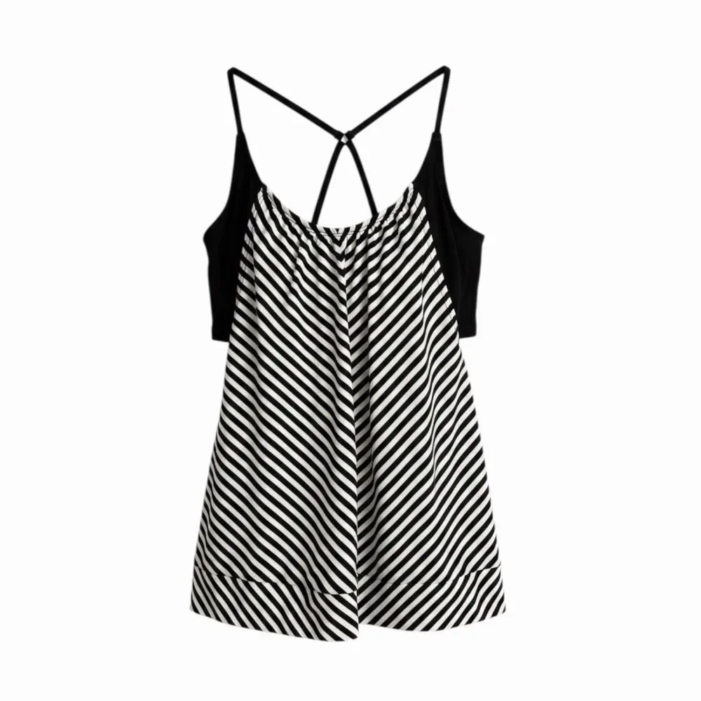 Athleta Tankini Swimsuit Swim Top Striped Black White 32D 32DD